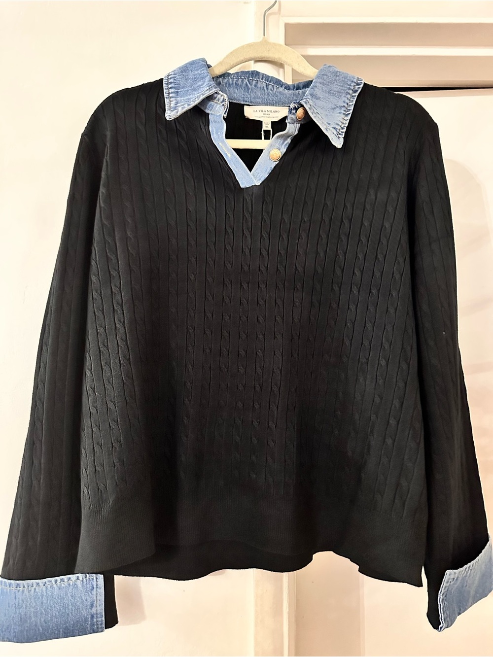 Black Cable-Knit V-Neck Sweater with Denim Trim - Women